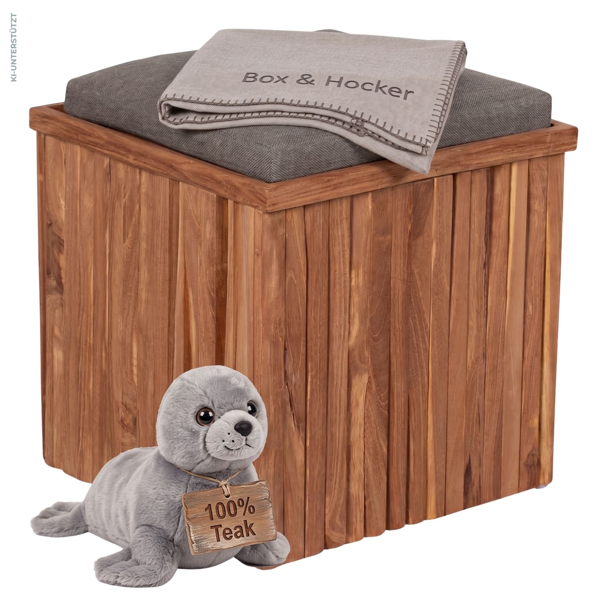 MR.DEKO Stauraumhocker Oxford mit Sitzkissen 45 cm Teak Aufbewahrungsbox wetterfest (Ideal zu Deckchairs kombinierbar – für drinnen & draußen geeignet, 1 St), Plantagen-Teak Vollholz – wetterfest, vielseitig, Stauraum