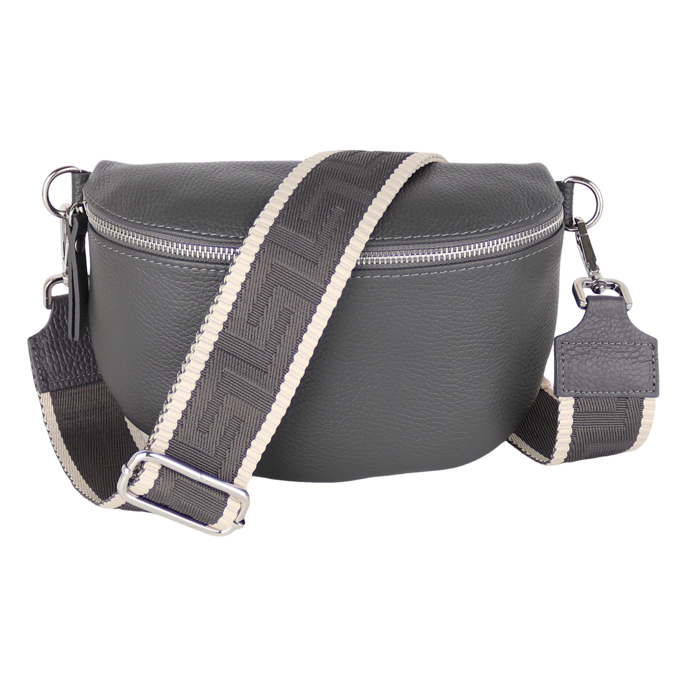 MIRROSI Bauchtasche Damen, Echtleder, Made in Italy, Umhängetasche, Brusttasche, (Schultertasche für jeden Anlass (1 Tasche & 2 Gurte), Crossbody Bag, Grau, gemusterten& verstellbaren Schulterriemen