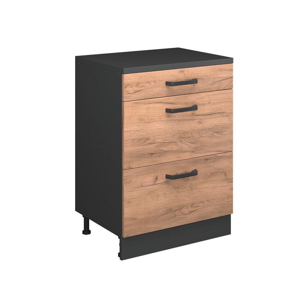 Vicco Unterschrank R-Line, Goldkraft Eiche, 60 cm ohne Schräge mit 3 Schubladen