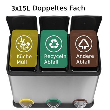TLGREEN Mülleimer,3×8L Mülltrennsystem,Herausnehmbarem Liner,Küche,Silber