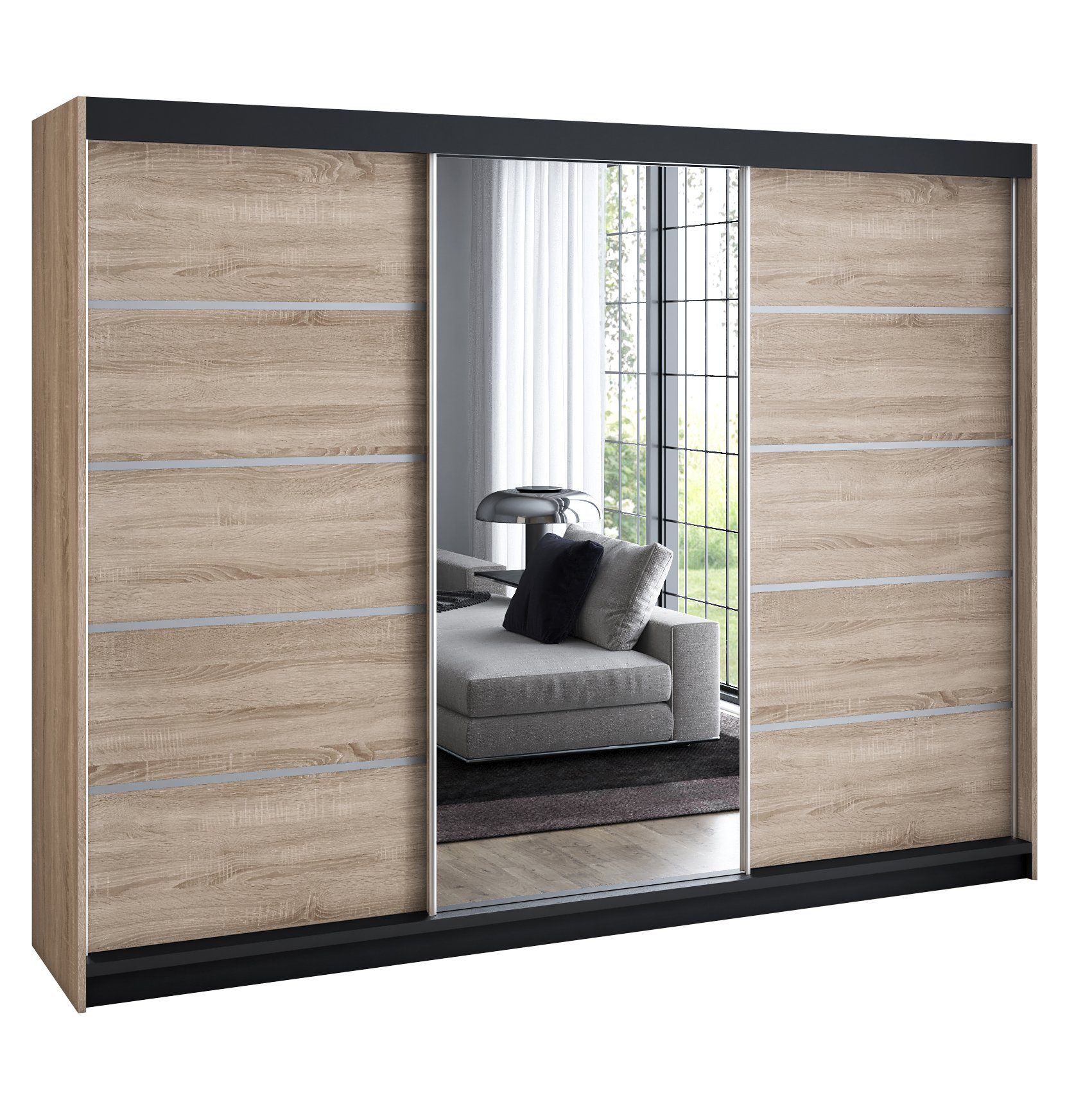 A&J MöbelLand GmbH Schiebetürenschrank VILUNO mit 4 Schubladen und Spiegel (nur für kurze Zeit! TOP ANGEBOT! Geräumiger Schrank mit einer Breite von 200 cm und Spiegel, ideal zur Aufbewahrung von Kleidung und Accessoires. 4 Schubladen und viel Stauraum. TOP PRODUKT! Wählen Sie das ideale Modell für Ihr Schlafzimmer!, Inclusive 4 Schubladen) Breite: 200 cm, Höhe: 215 cm, Tiefe: 59,5 cm