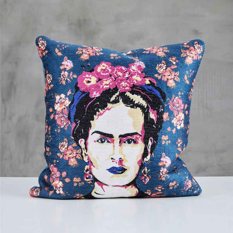 carla&marge Dekokissen Raffaria, Kissen Frida Kahlo, blau und rosa, 45x45cm, Sofakissen inkl. Füllung