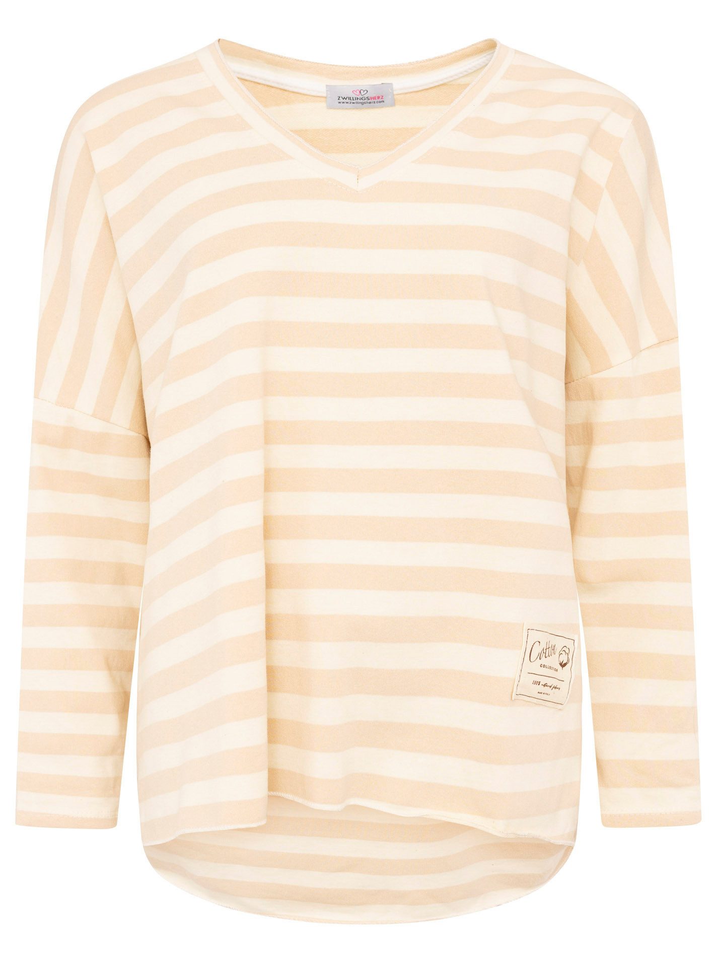 Zwillingsherz T-Shirt "Streifen & Jersey" Streifenmuster, V-Neck, offene Kanten für Used Look
