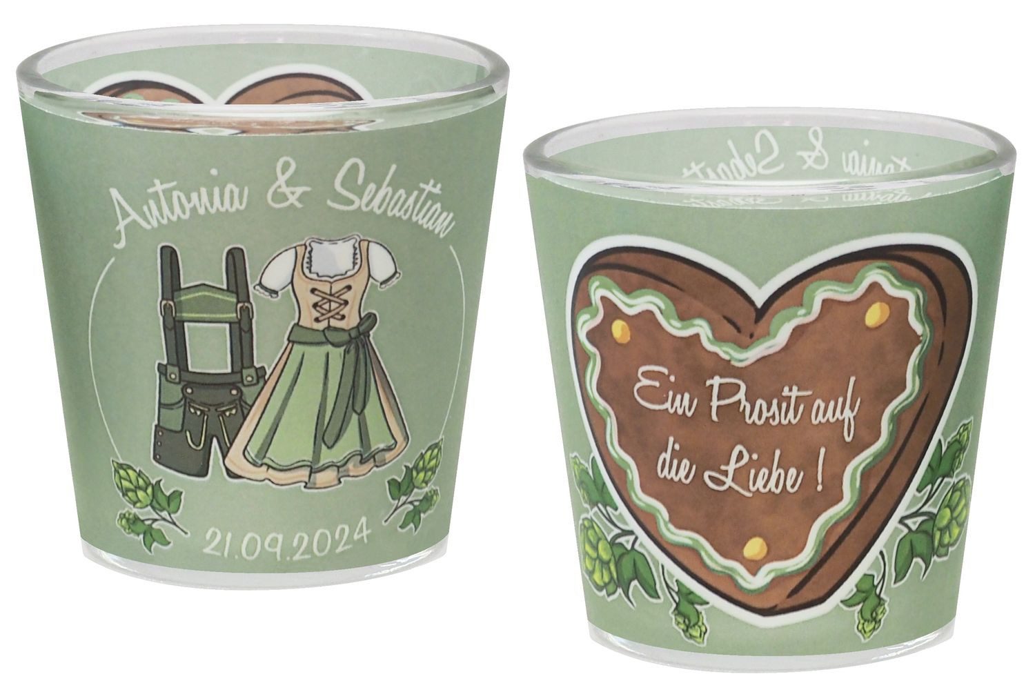 Teelichthalter Windlicht Banderole Oktoberfest Grün Braun Hochzeit MIT NAMEN 7,5cm H