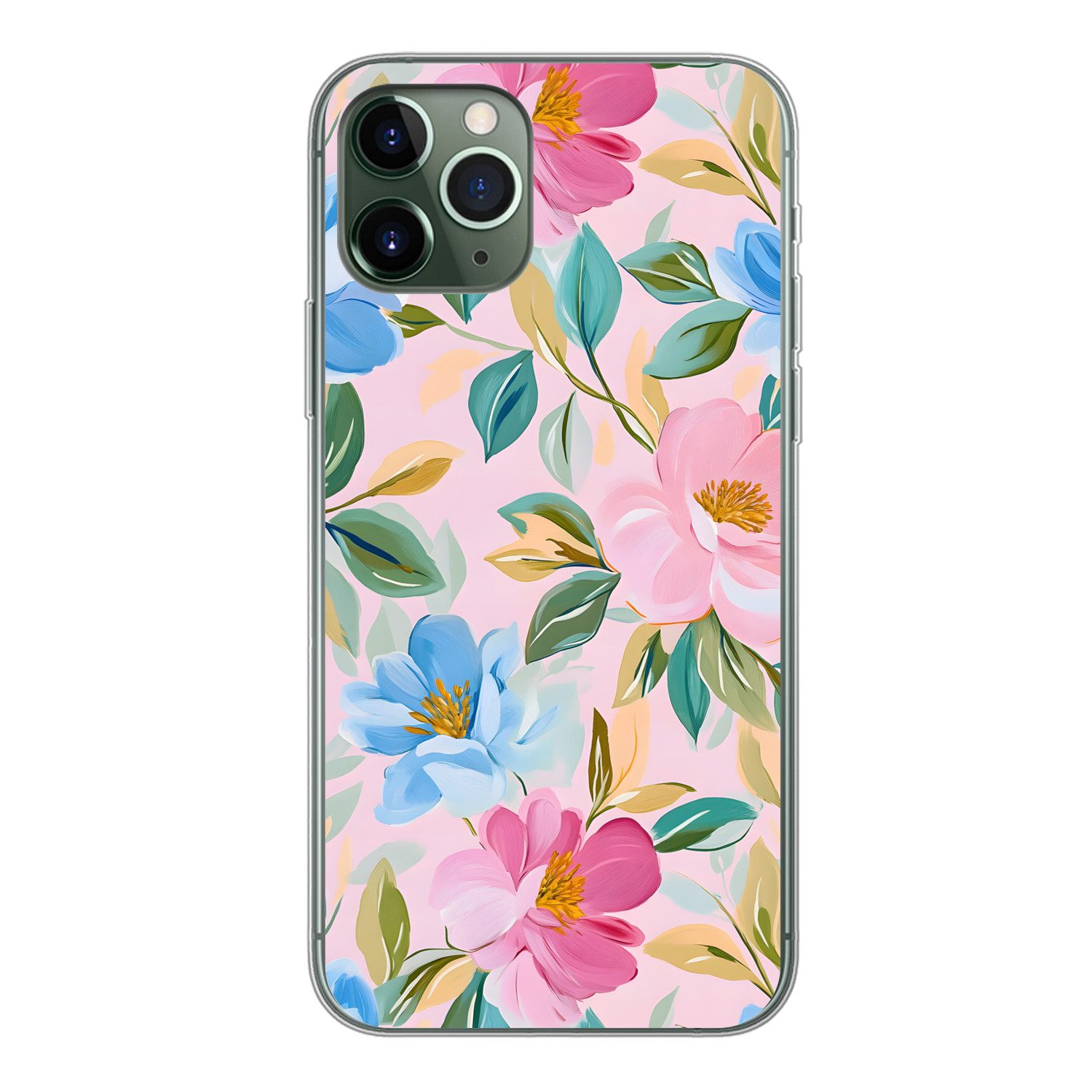 MuchoWow Handyhülle für Apple iPhone 11 Pro Blau - Rosa - Blumen, Smartphone-Bumper, Print, Handy Schutzhülle Dünn