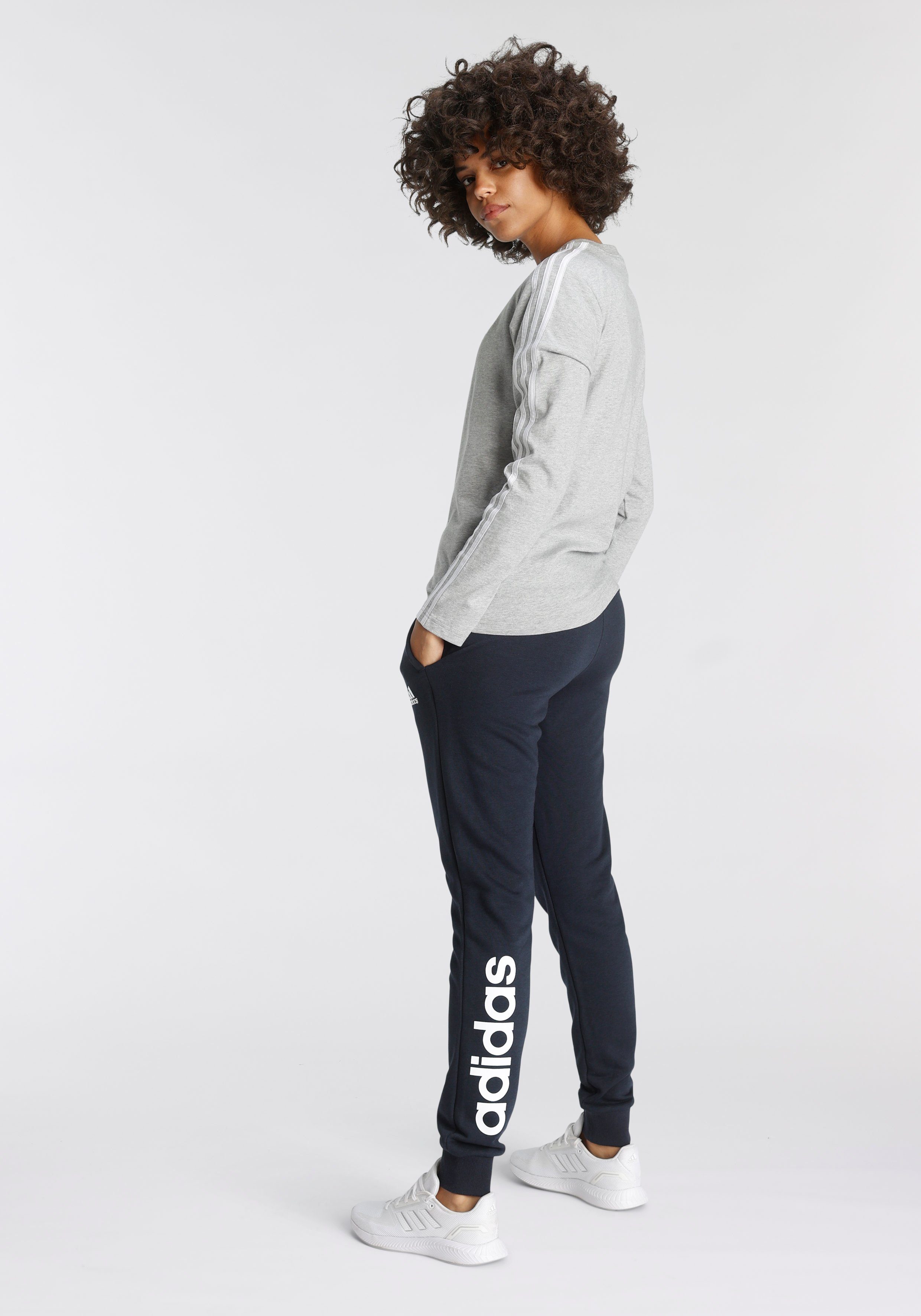 adidas Sportswear Langarmshirt ESSENTIALS White 3STREIFEN / Heather Medium Grey LONGSLEEVE