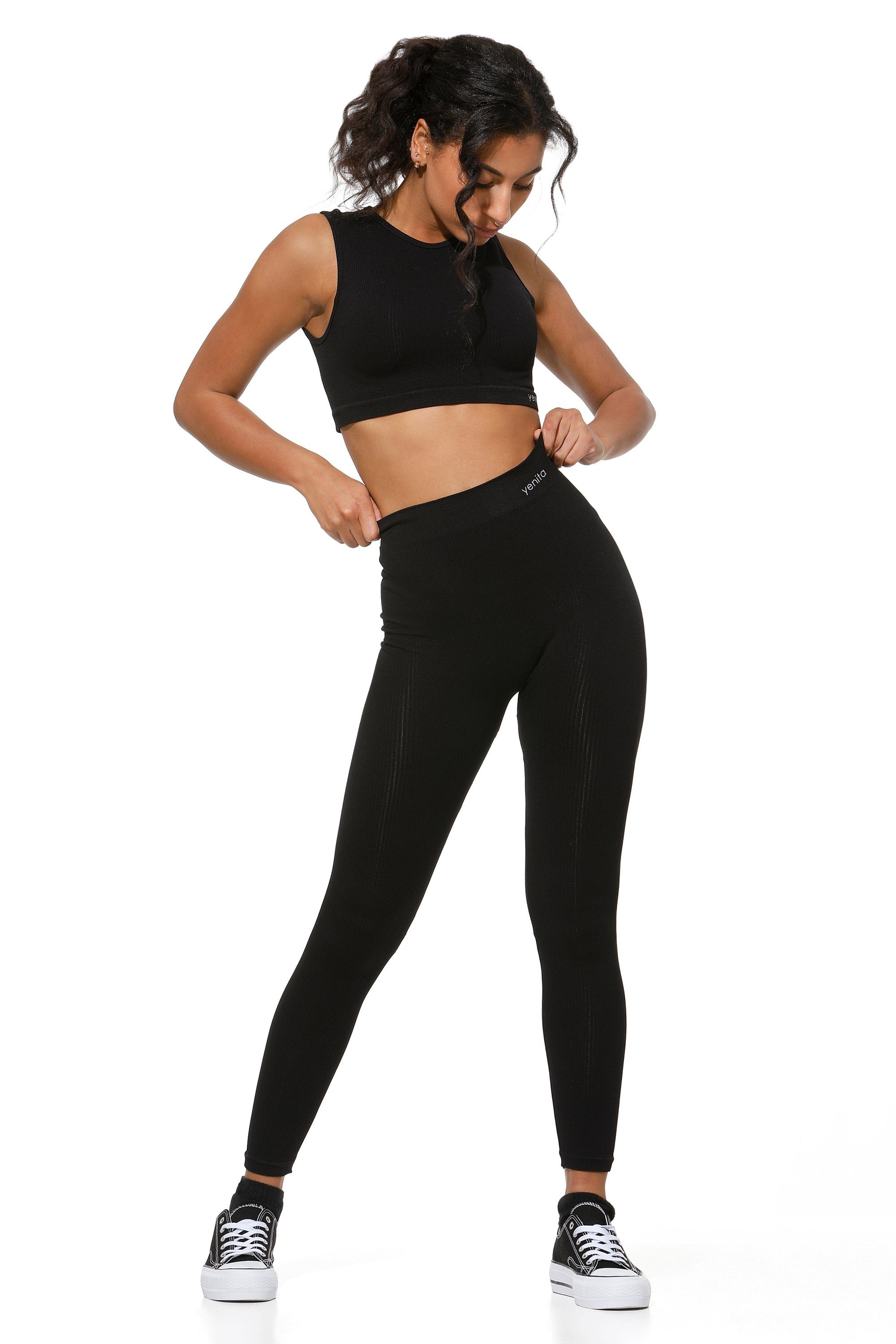 Yenita® Leggings "Ribbed Collection" mit hohem Bund Schwarz