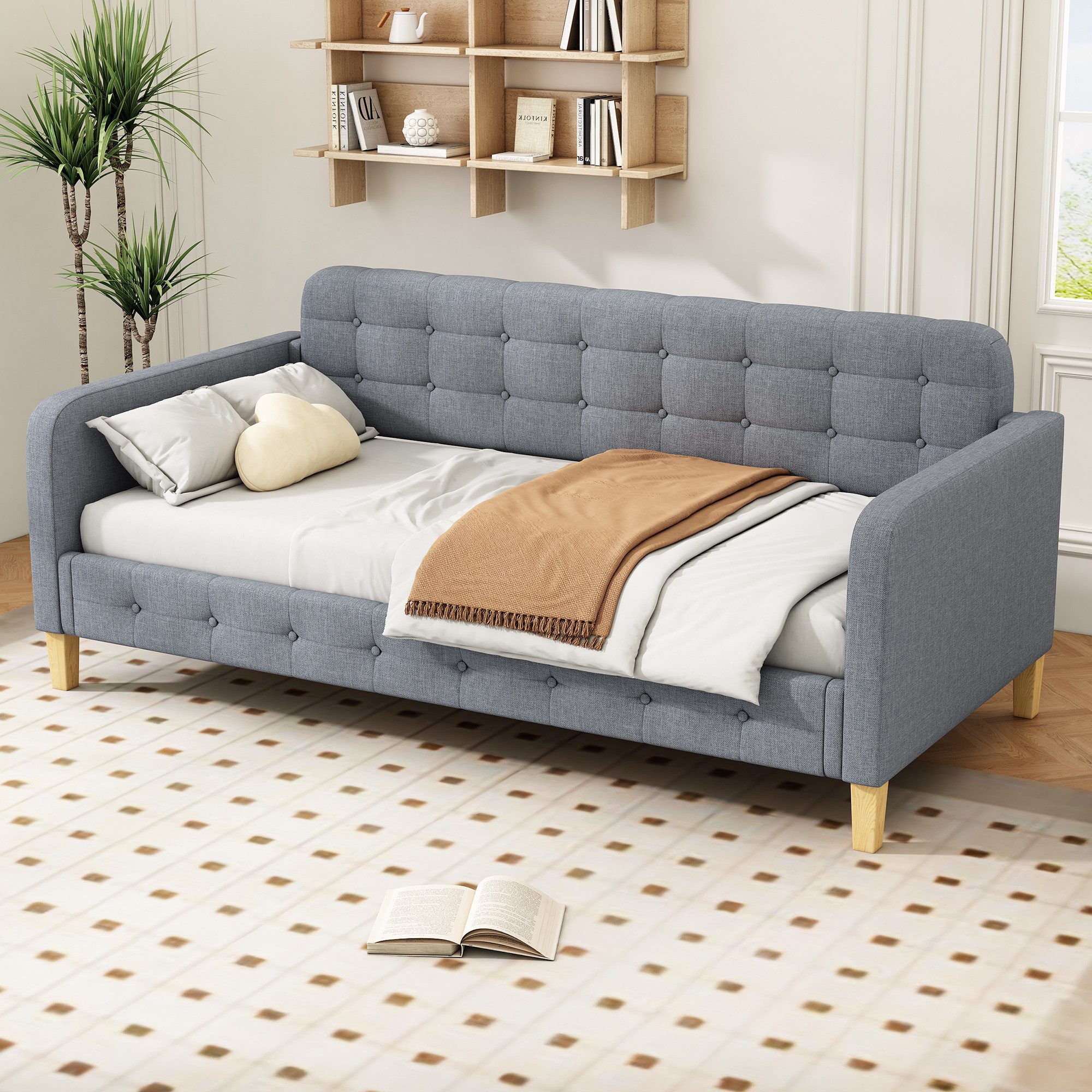Fangqi Schlafsofa 90 x 200cm Schlafsofa, modernes Sofa, Knopfpolsterung,Linen, Einfacher Wechsel zwischen Sofa und Einzelbett