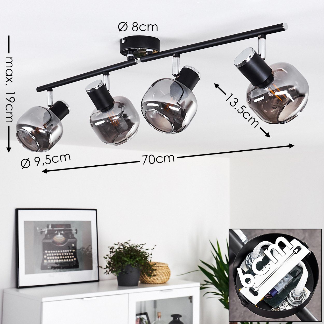 hofstein Deckenleuchte »Perito« Deckenlampe aus Metall/Glas in Schwarz/chrom/Rauchglas, ohne Leuchtmittel, mit verstellbaren Strahlern, 4xE14, im Retro-Design – Bild 2 von 5