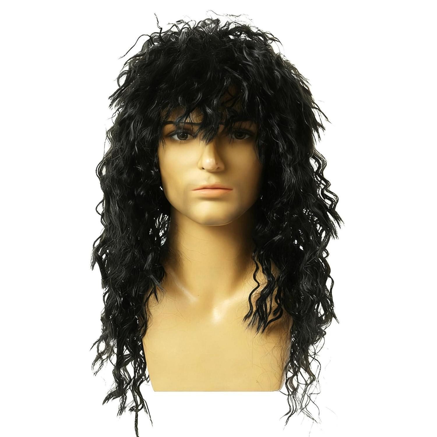 Kostüm-Perücke Perücke Herren Lange Lockige Mullet 70er 80er Heavy Metal Schwarz