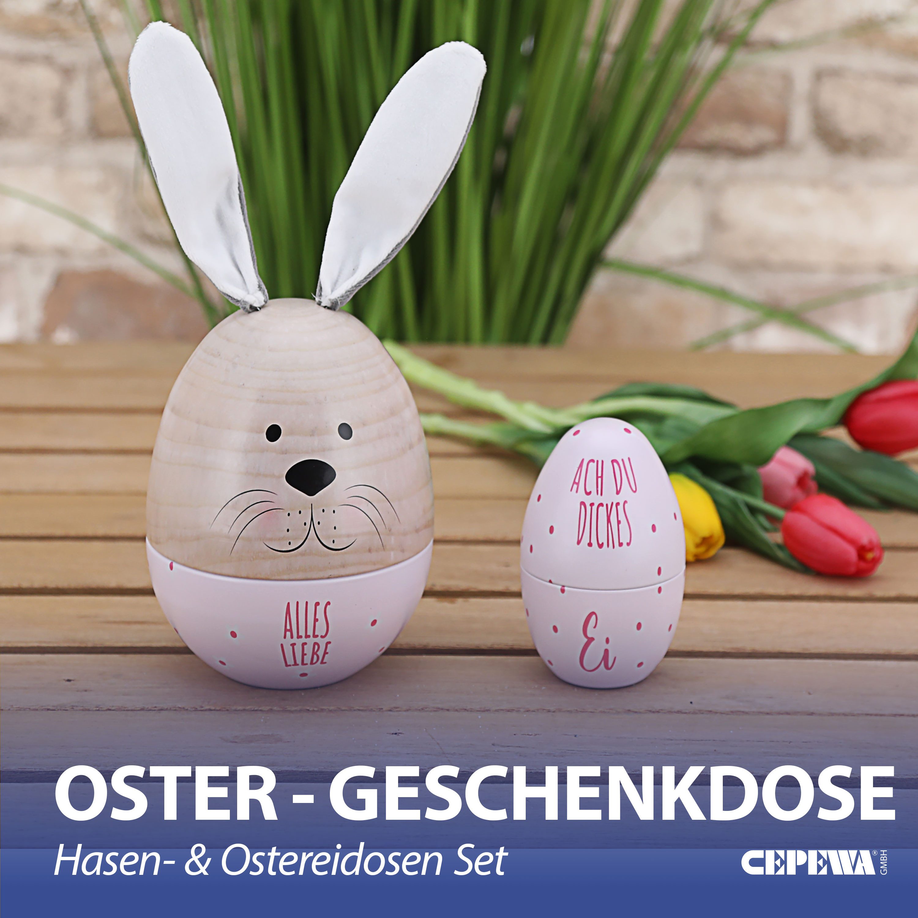 CEPEWA Geschenkbox Geschenkdose Osterhase 2tlg. Ei mit Ohren Ostereidose rosa 11,5x14,5cm