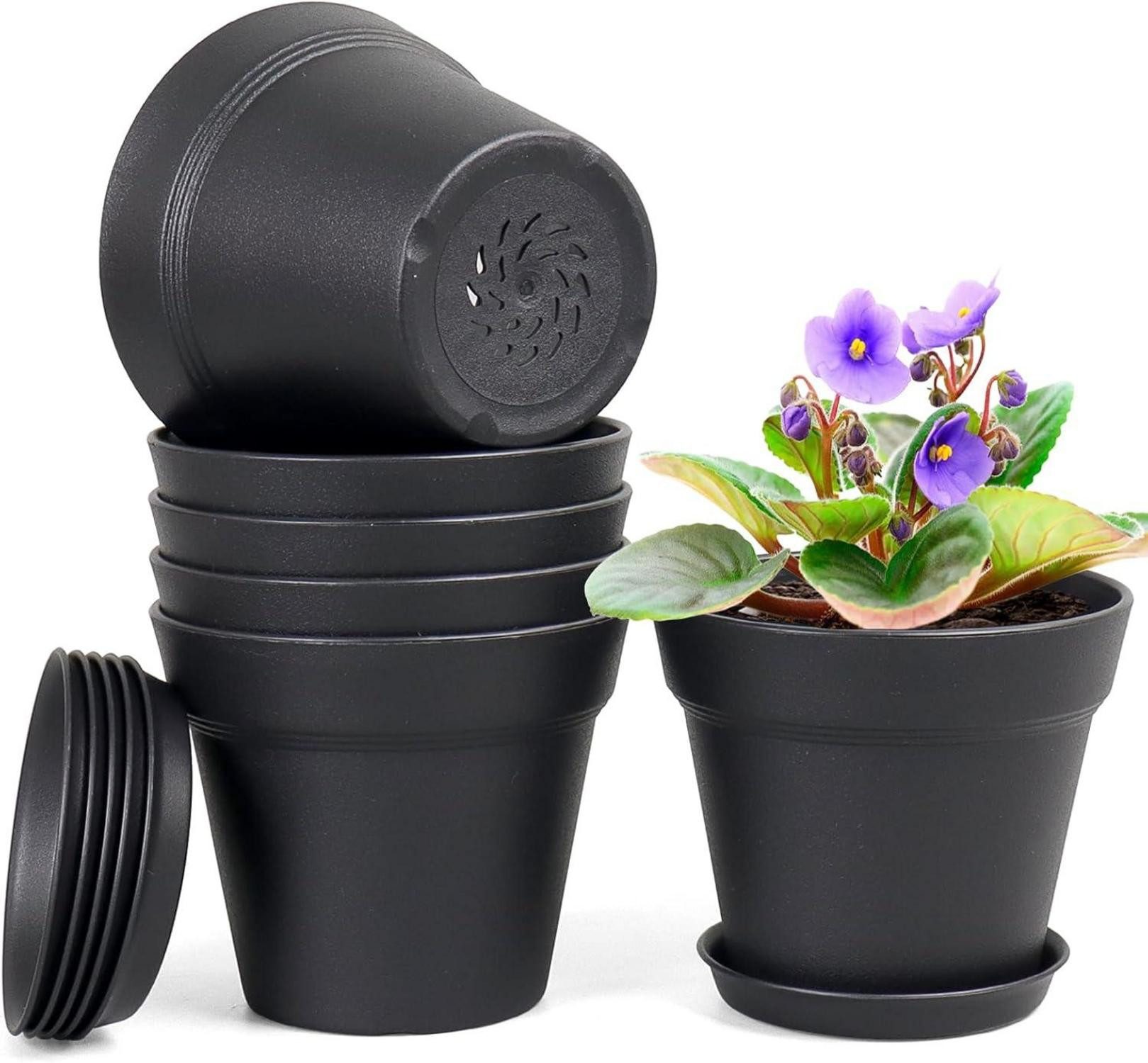 Abdeckhaube 6er Blumentöpfe Set Schwarz 17.8cm Pflanzentopf mit Untersetzer