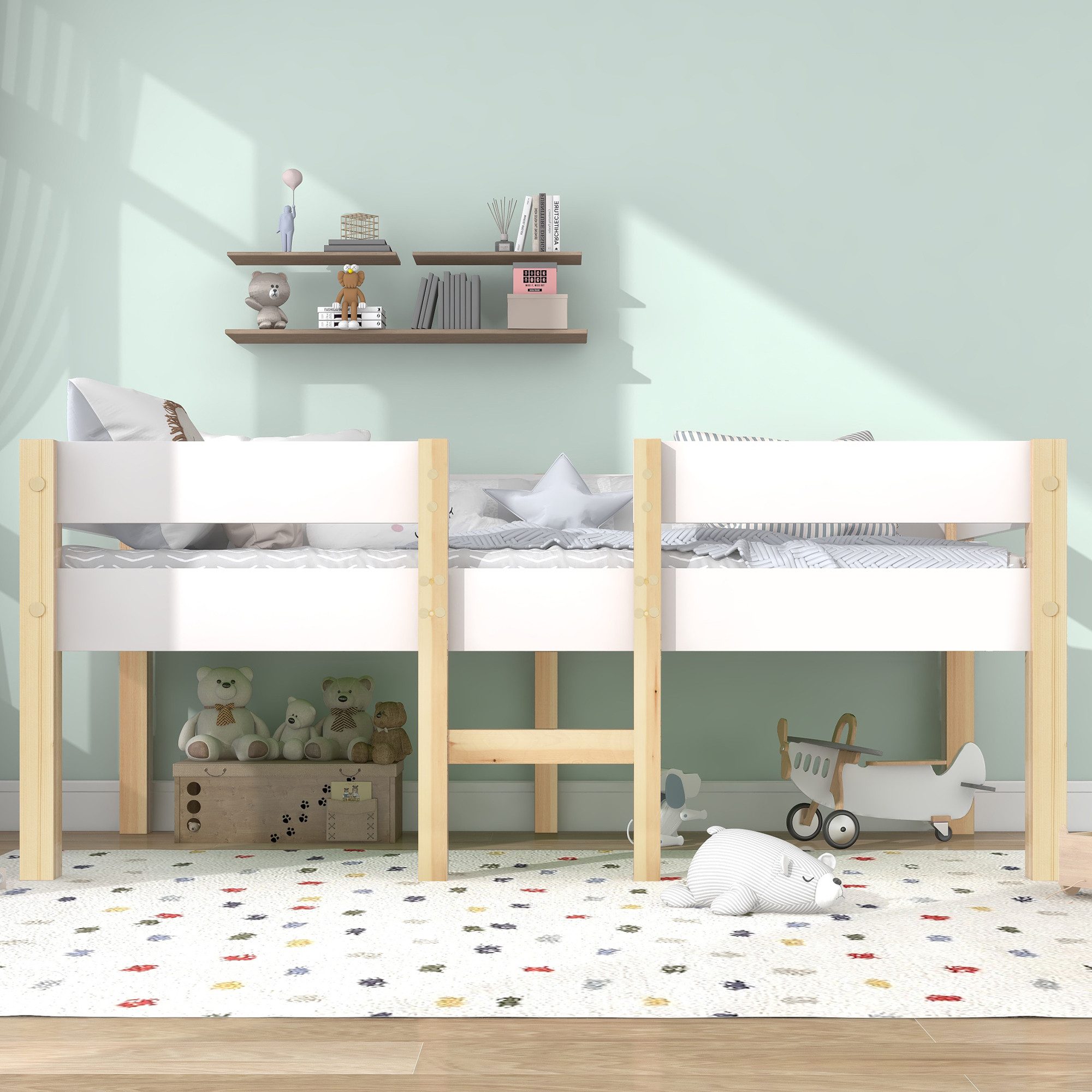 Merax Etagenbett aus Kiefer mit Stauraum, Kinderbett mit Rausfallschutz, Ho günstig online kaufen