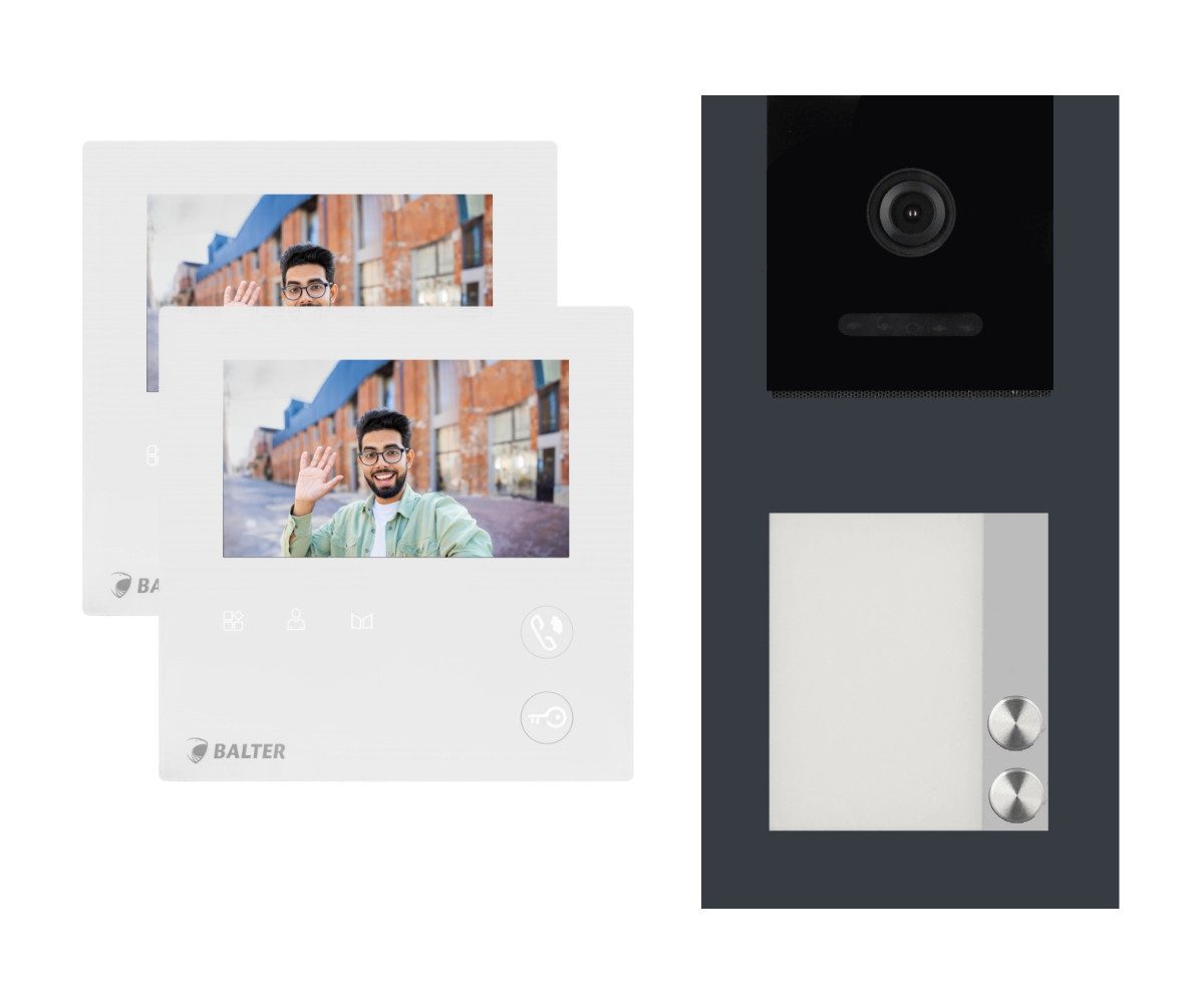 Balter Video-Türsprechanlage EVO MINI Aufputz Komplettset für 2-Familie Anthrazit 2x 4.3" Monitore (Set, 2-Familienhaus, Komplettsett, 2-Draht BUS, 150° Weitwinkel-Kamera)
