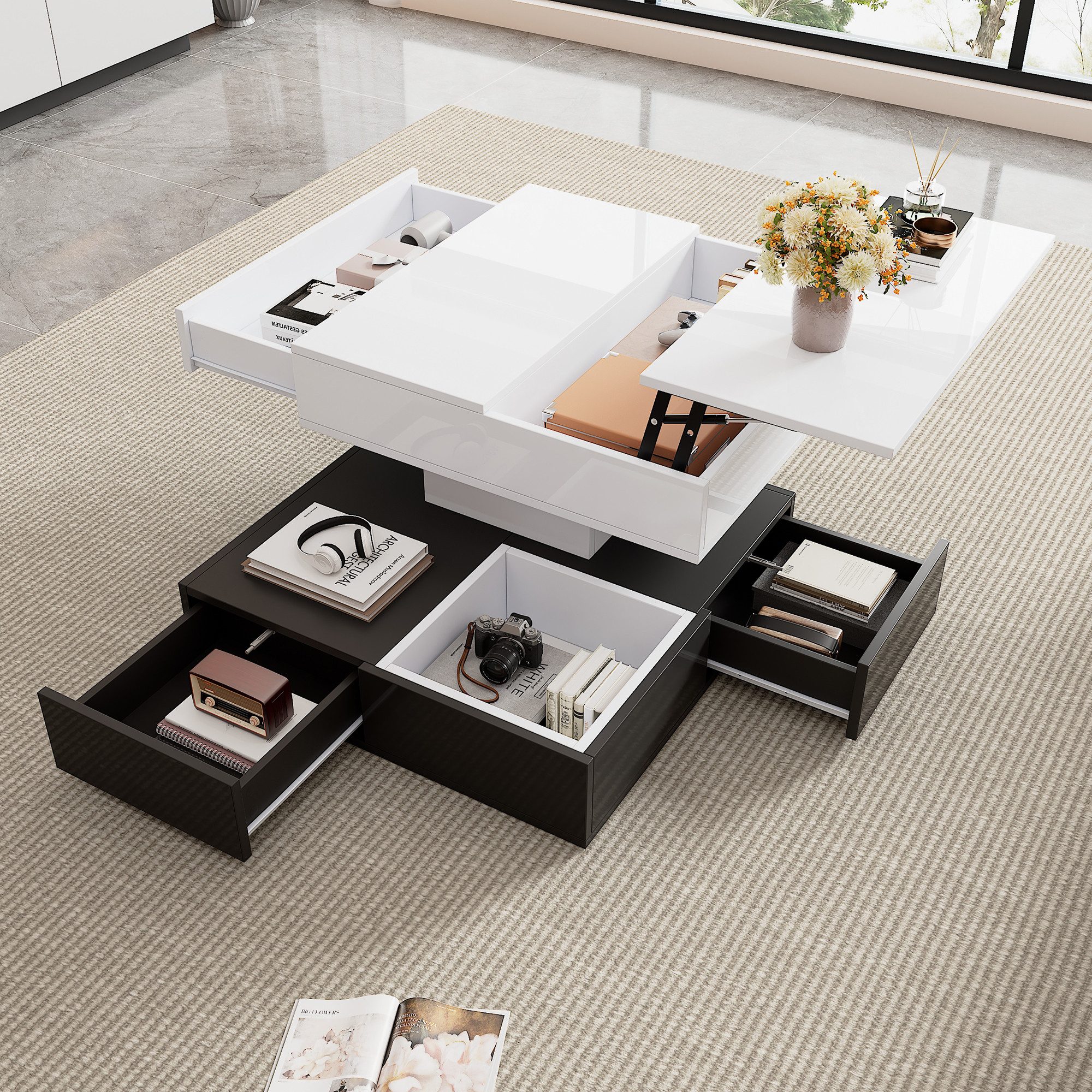 Merax Couchtisch hochglanz Sofatisch mit 360° drehbarer & anhebbarer Tischp günstig online kaufen