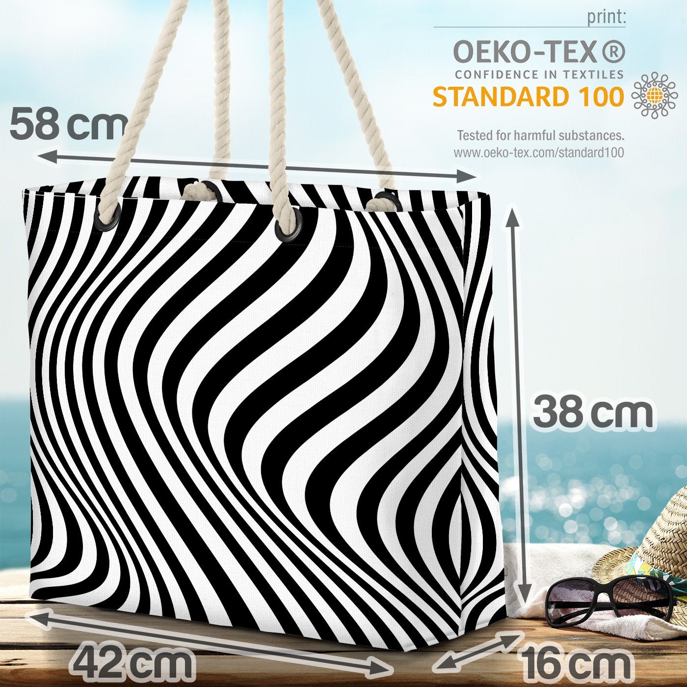 Schwarz Duplex Wellen Bag Weiß Beach Strandtasche Duo Halbton Modern VOID Halbton Streifen (1-tlg), Wellen