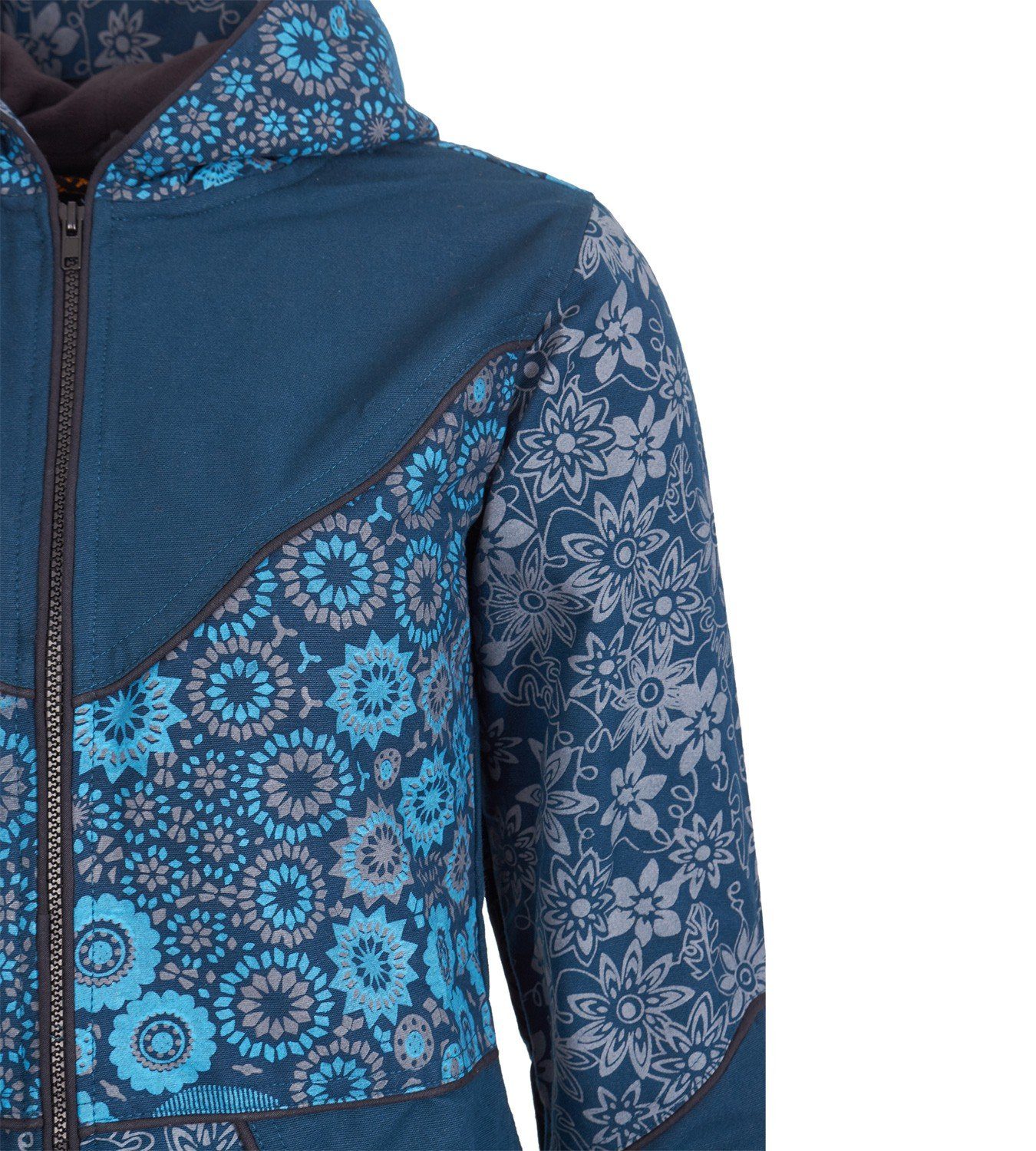 KUNST UND MAGIE Langjacke Kunst und Magie Damenmantel + Kapuze Blumenmuster Jacke Baumwolle Boho