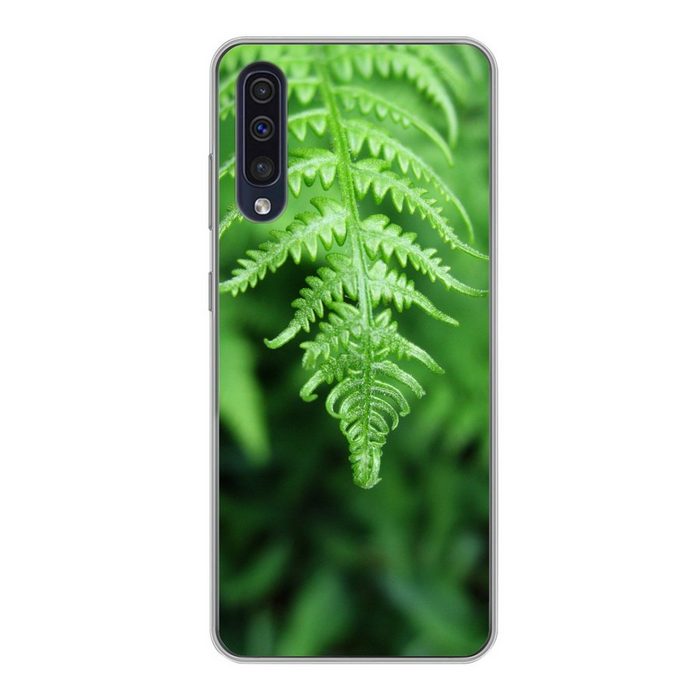 MuchoWow Handyhülle Grüne Blätter eines Farns vor einem verblassten Hintergrund Handyhülle Samsung Galaxy A30s Smartphone-Bumper Print Handy