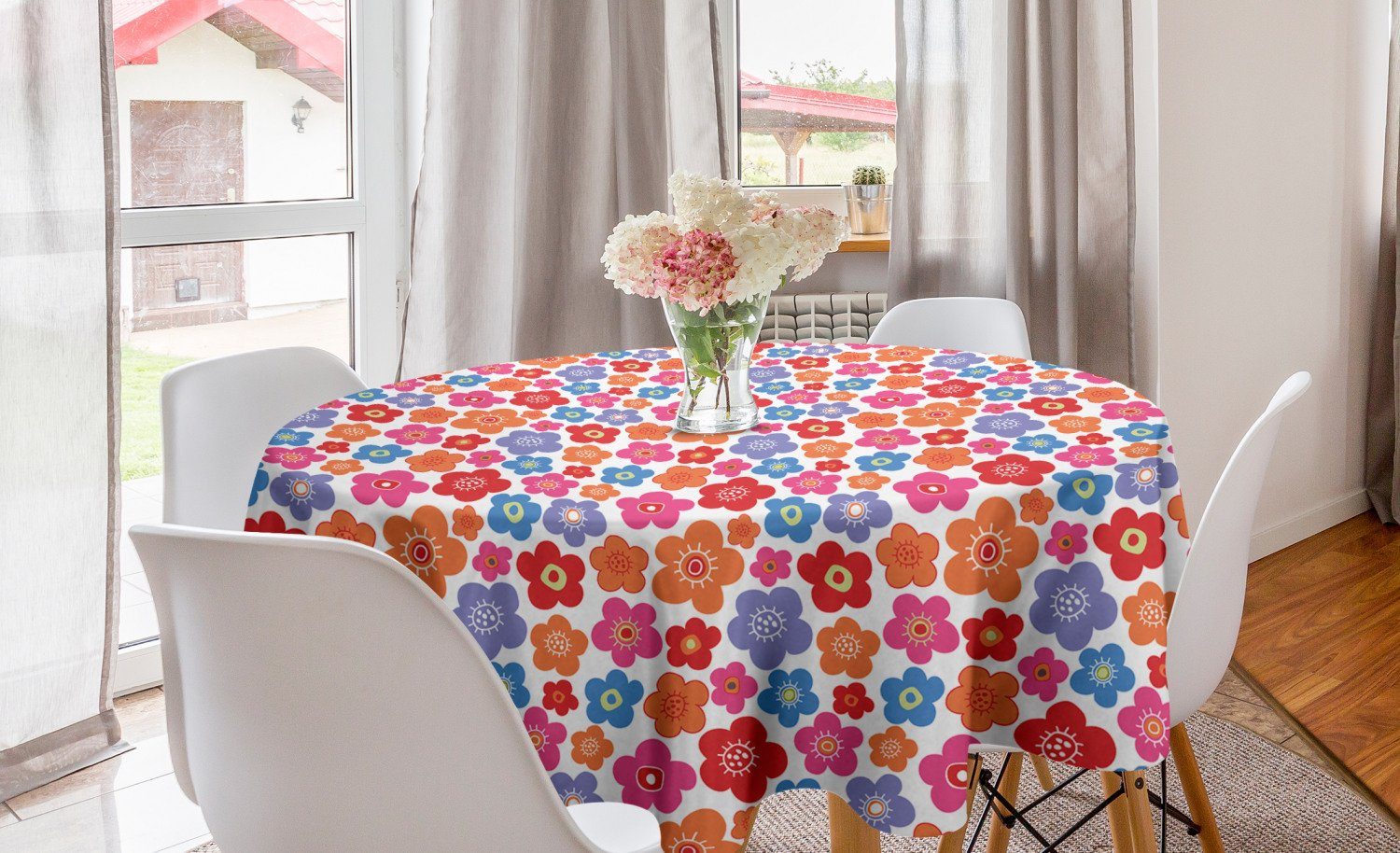 Abakuhaus Tischdecke Kreis Tischdecke Abdeckung für Esszimmer Küche Dekoration, Bunt Blumen in Doodle Stil
