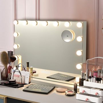 COSTWAY Schminkspiegel »Kosmetikspiegel«, mit 15 LED, 3 Lichtfarben, 58 x 48cm, mit Bluetooth & 10-Fach-Vergrößerungsglas