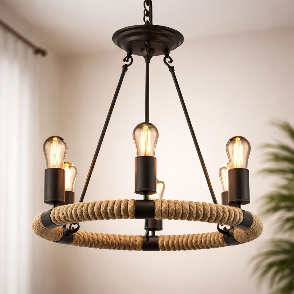 GLOBO LIGHTING Kronleuchter, Leuchtmittel inklusive, Warmweiß, Hanf Seil Hänge Kron Leuchter FILAMENT Decken Pendel Lampe im
