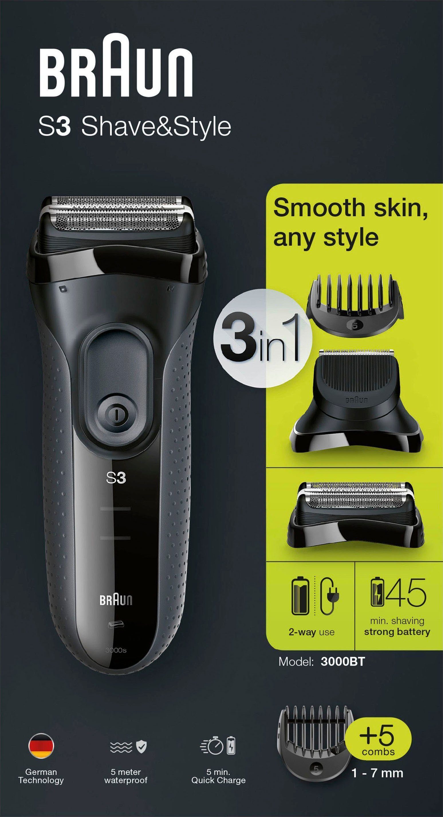3 Shave&Style Braun Elektrorasierer 3000BT, Wet&Dry Series