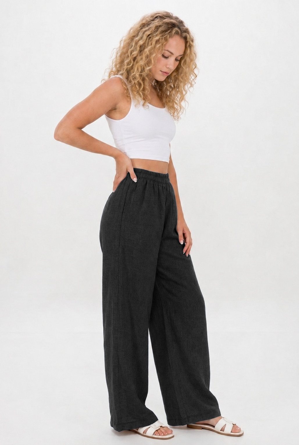 Kendindza Collection Leinenhose Sommerhose Damen leicht Locker weite Leinenhose Sommer Hose lang 100% Leinen, elastischer Gummibund, weites Bein Palazzo-Schnitt