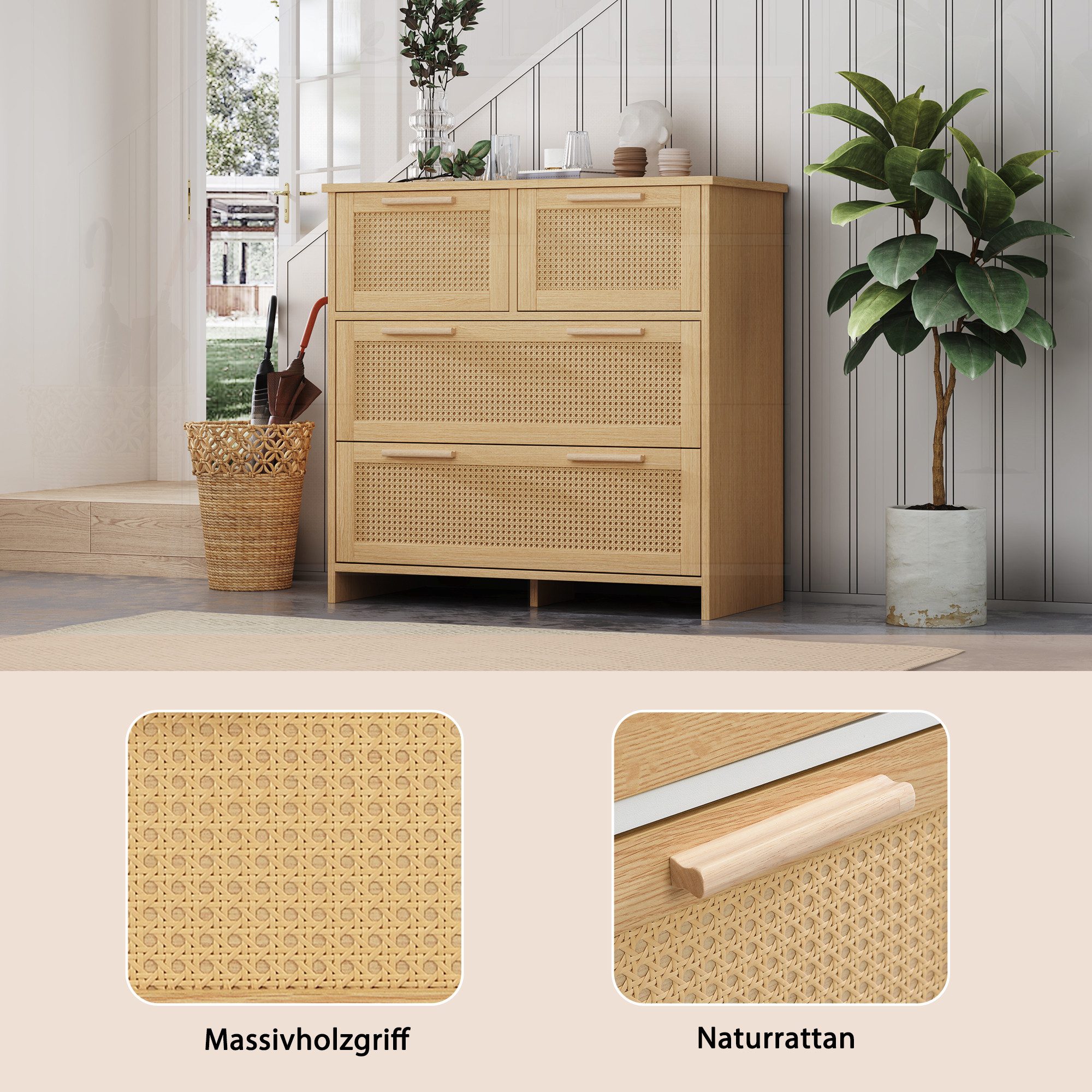 Flieks Sideboard (80x38x80cm, 1 St), 4-Schubladen Rattanschrank Kommode Anrichte Wohnzimmer