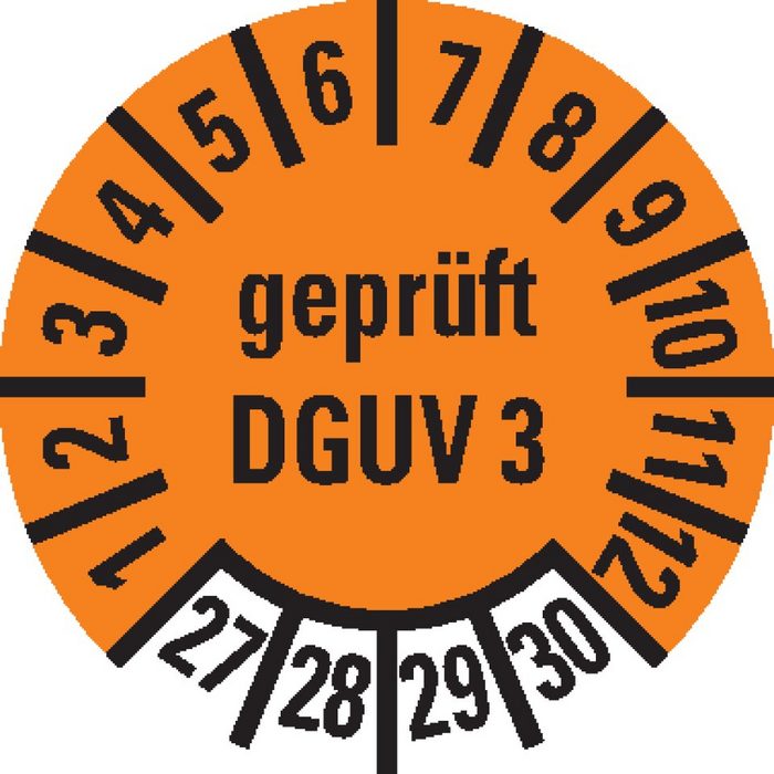 Dreifke Hinweisschild Dreifke® Prüfplakette gepr. n. DGUV 3 27-30 orange Dokumentenfolie Ø 10mm 384/Heft