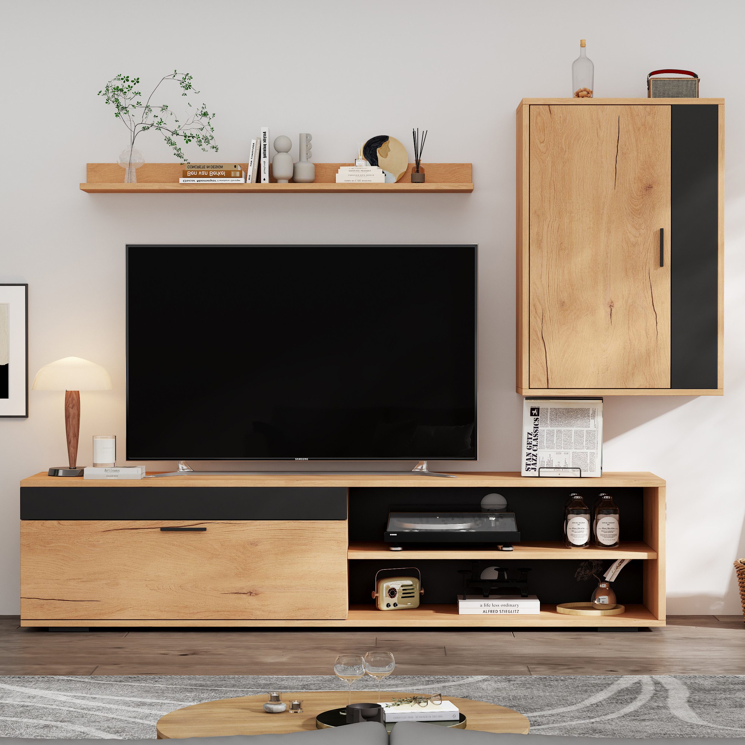 REDOM Wohnzimmer-Set TV-Schrank-Set mit Wandschrank & Regal, (TV Wohnzimmermöbel-Set, 3-St., mit funktionaler Integration,Soft-Close-Türen), vielseitige Aufbewahrung