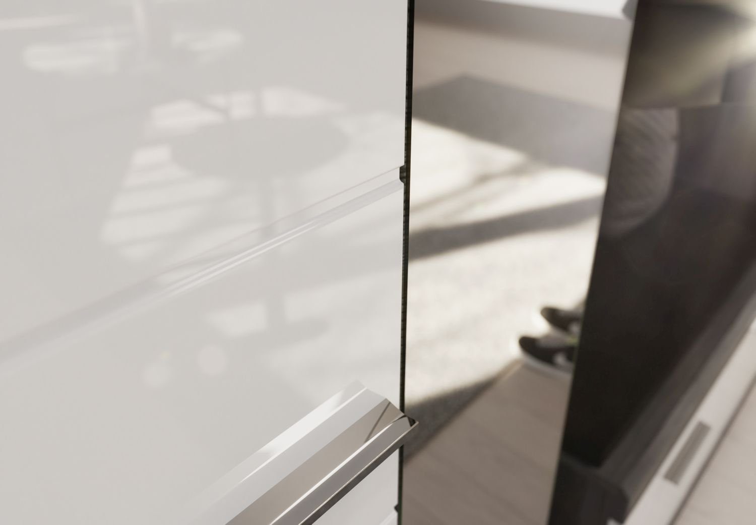 xonox.home Garderoben-Set Garderobenmöbel-Set SCOUT 5-teilig - weiß Hochglanz/Rauchsilber Dekor, (Komplett-Set, 5-St., Garderobenschrank, Schuhschrank, Garderobenpaneel, Sitzbank, Spiegel)