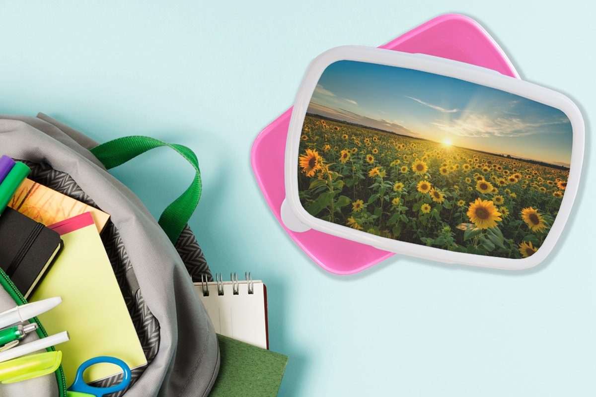 (2-tlg), - Brotdose Kinder, - - Lunchbox Kunststoff Erwachsene, rosa Horizont MuchoWow für Blumen Kunststoff, - Snackbox, Mädchen, Brotbox Landschaft, Sonnenuntergang Sonnenblume