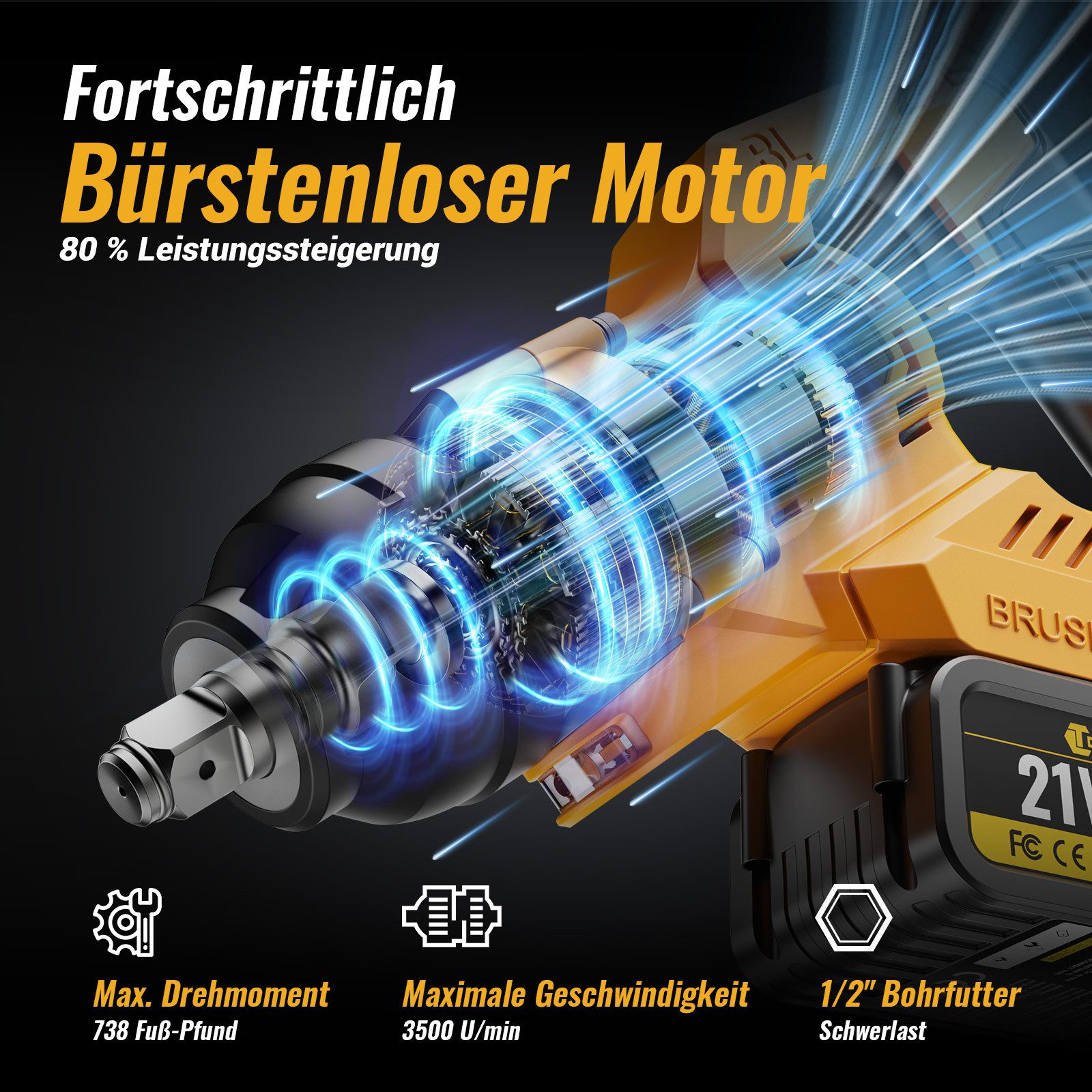 CONENTOOL Akku-Schlagschrauber 1000 Nm 21V Bürstenlos, 1/2" Zoll, 3000 U/min, (set, inkl. 2x 4 Ah Akkus und Ladegerat, 6 Steckschlüsseln), für Auto & Haushaltsmontage