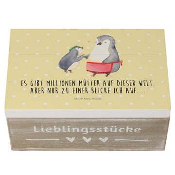 Mr. & Mrs. Panda Dekokiste 19 x 12 cm Pinguin mit Kind - Gelb Pastell - Geschenk, Geburststag, M (1 St), Hochwertiges Holzfaser