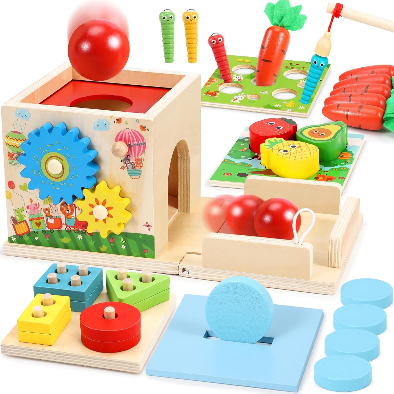 POPOLIC Lernspielzeug Montessori Spielzeug ab 1 Jahr, Holzspielzeug Motorikspielzeug, 8-IN-1 STEM Geschenk für Jungen und Mädchen 2 3 4 Jahren