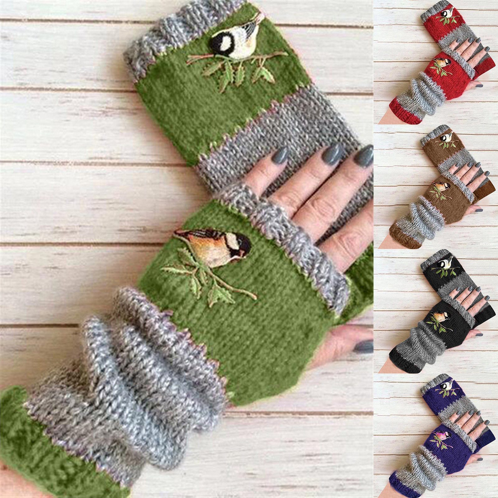 Frauen Fingerlose Handschuhe Rutaqian Fingerlose Stulpen Stretchy Vogel Ärmel Handgelenk Strickhandschuhe Armwärmer (Dehnbare Halbfinger Stickerei Fäustlinge) Knit Winterhandschuhe, Warme Handwärmer Rot Gestrickt