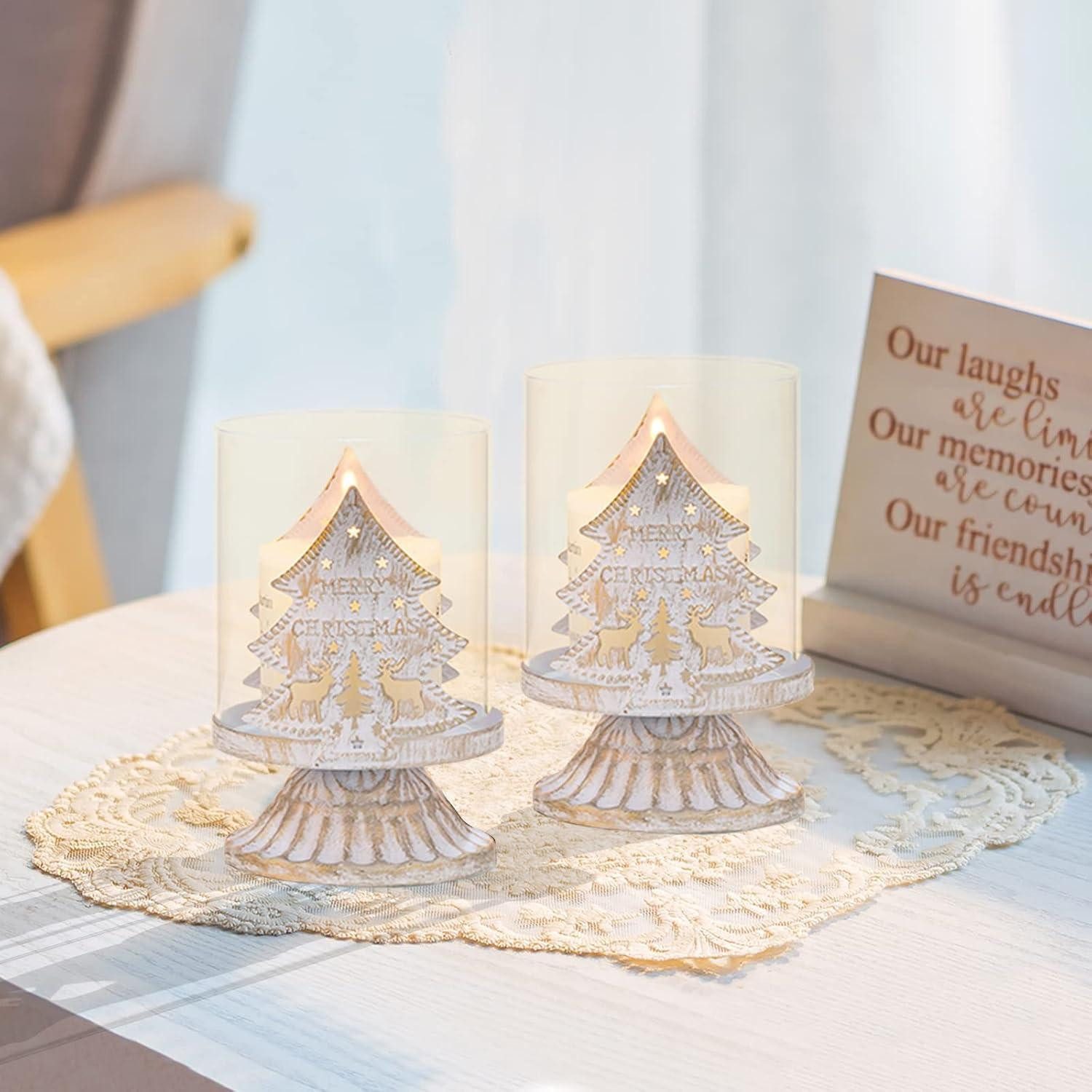 LuxusKollektion Windlicht Kerzenleuchter Metall Windlichthalter 2er Set Tisch Weiß Baum × 2