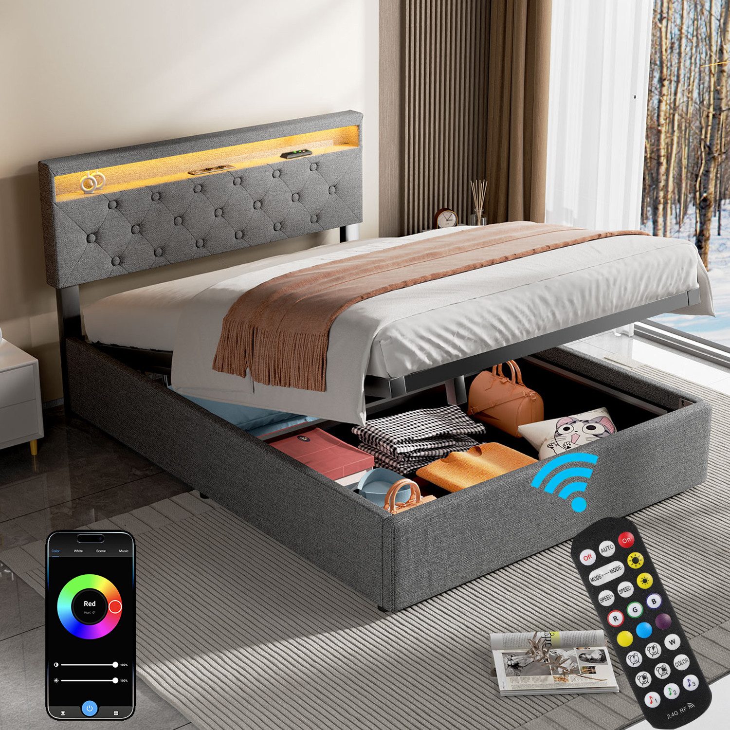 LOVONLIVE Polsterbett Doppelbett 140x200cm mit Stauraum LED Licht,Lautsprec günstig online kaufen