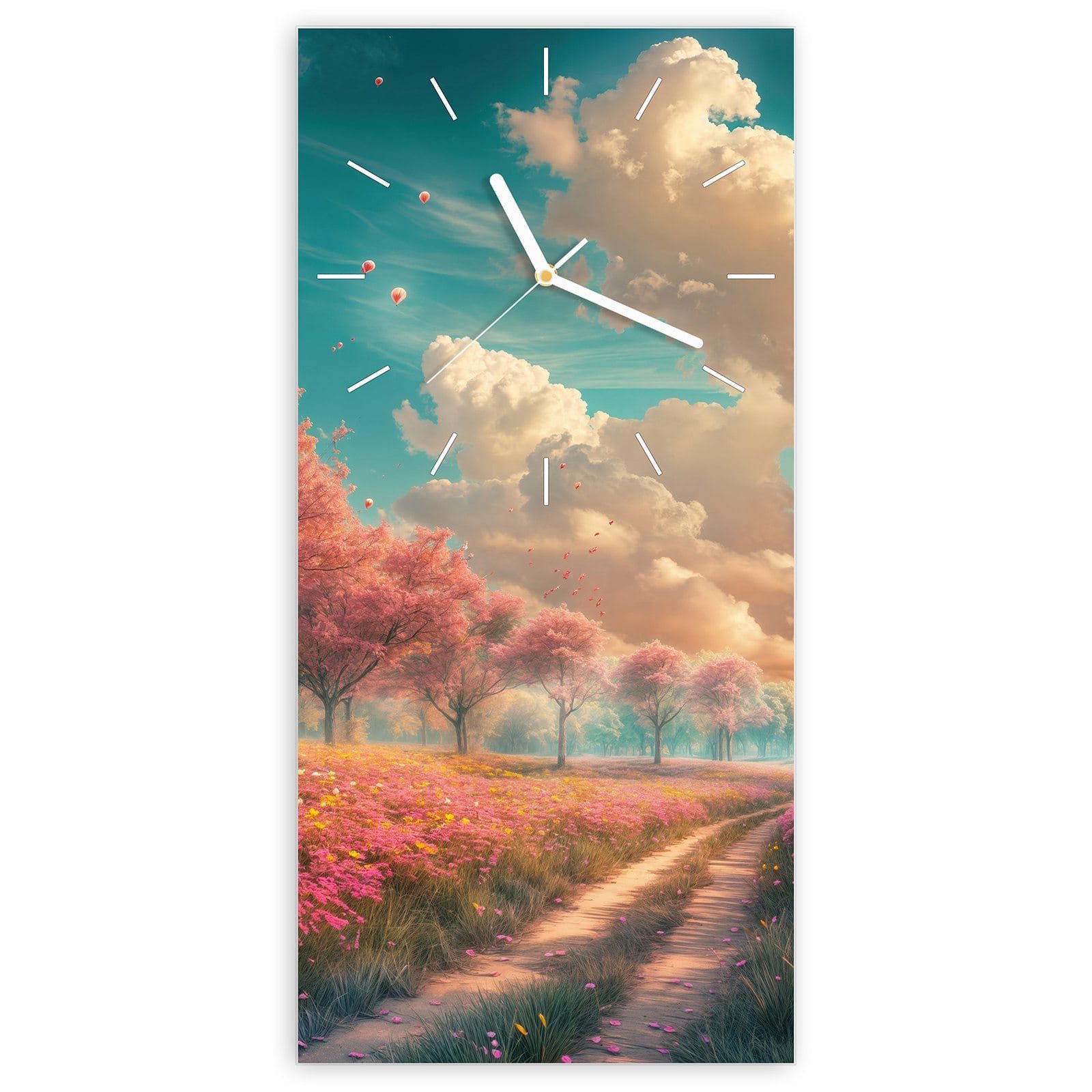 Wanduhr Glasuhr Wandkunst Größe 30 x 60 cm mit Motiv Blühender Weg