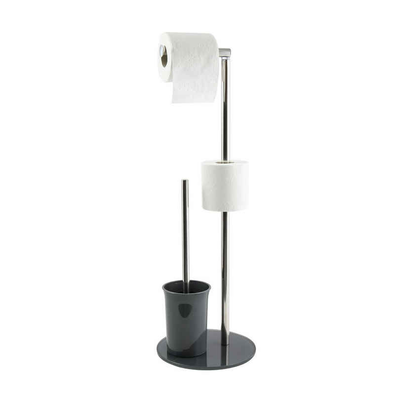 MSV Toilettenpapierhalter BERGAMO, WC Standgarnitur, 3 in 1: Toilettenbürste mit Rollenhalter und Ersatzrollen-Aufbewahrung, Edelstahl, farbiges Glas, 22x60 cm, grau
