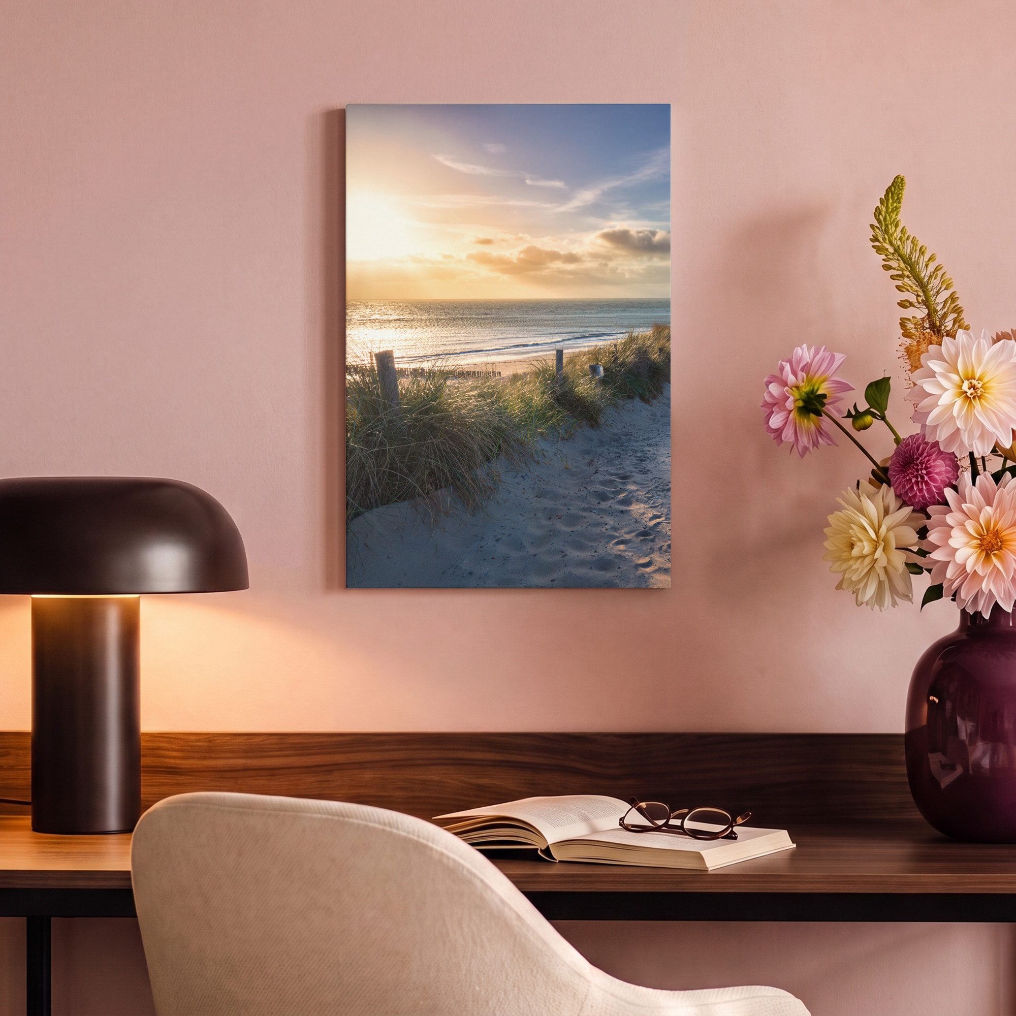 OneMillionCanvasses® Leinwandbild Sonnenuntergang - Strand - Düne - Gras - Bank, Fotodruck (1 St), Leinwand Canvas Wandbild, Wanddekoration 20x30 cm – Bild 4 von 5