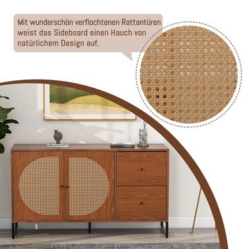 Merax Sideboard mit 2 Fächern und 2 Schubladen, Kommode mit Metallsockel und Rattantüren, Anrichte, B:130cm