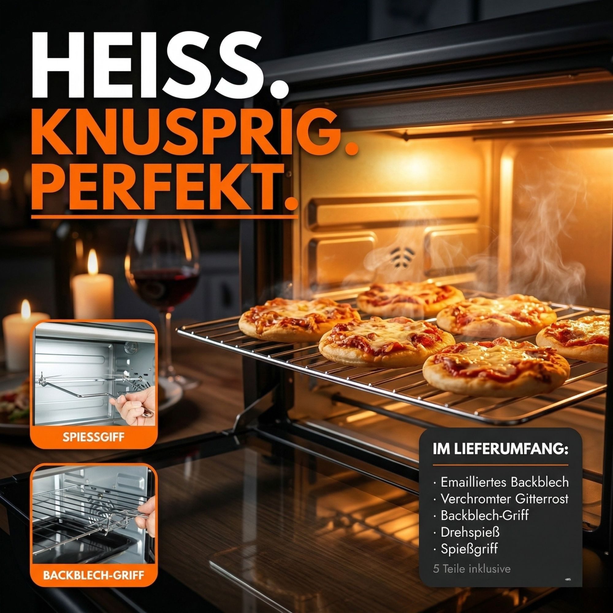 Sommertal Multiofen Sommertal Minibackofen 30 Liter mit Drehspieß & Umluft, 1500W, Hähnchengrill, Backen, Grillen & Pizza, Campingbackofen, inkl. Zubehör – Bild 5 von 5
