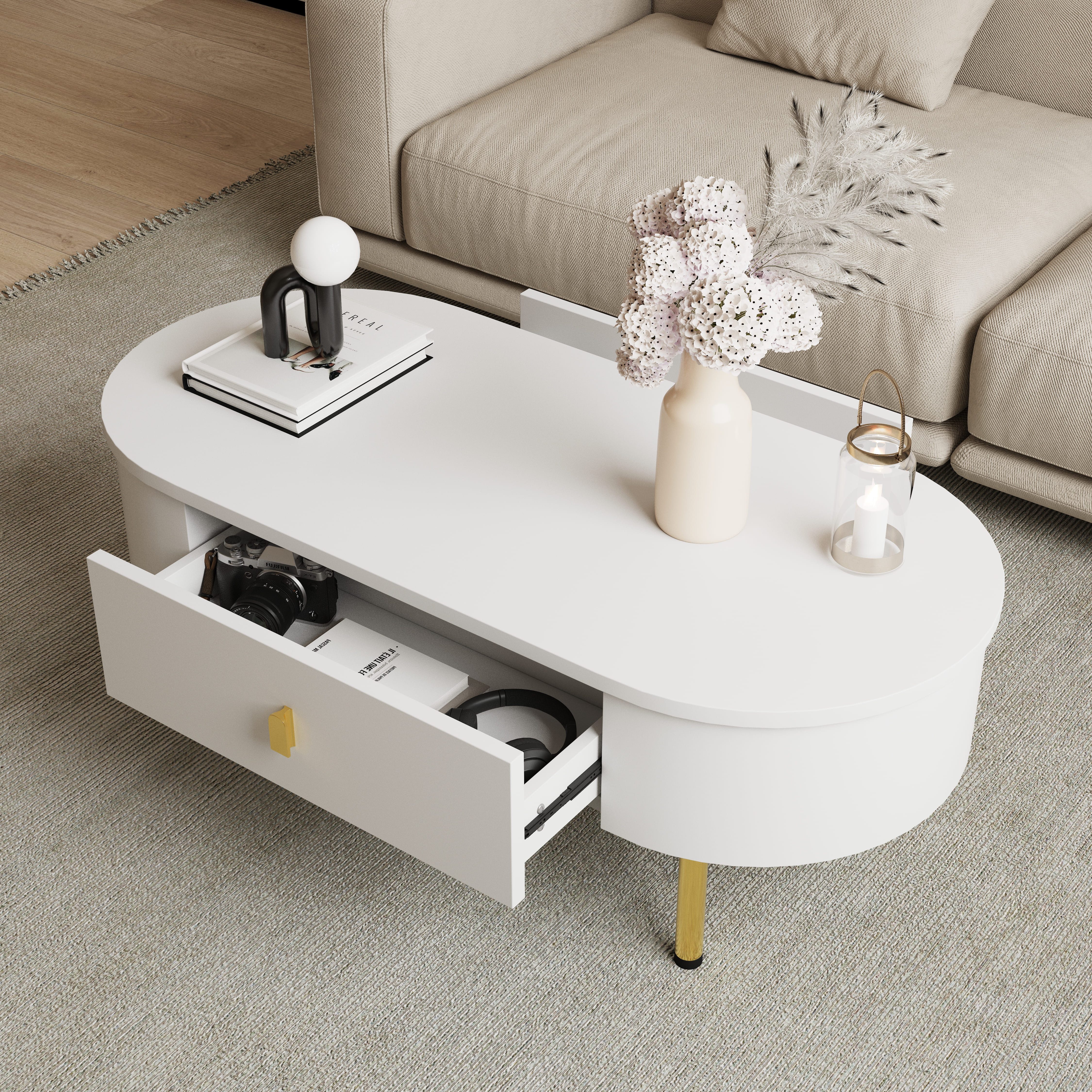 OKWISH Couchtisch mit goldenen Griffen und Beinen (Satztisch, Wohnzimmertisch, Beistelltisch, 1-St., zwei Schubladen), mit gebogenen Ecken