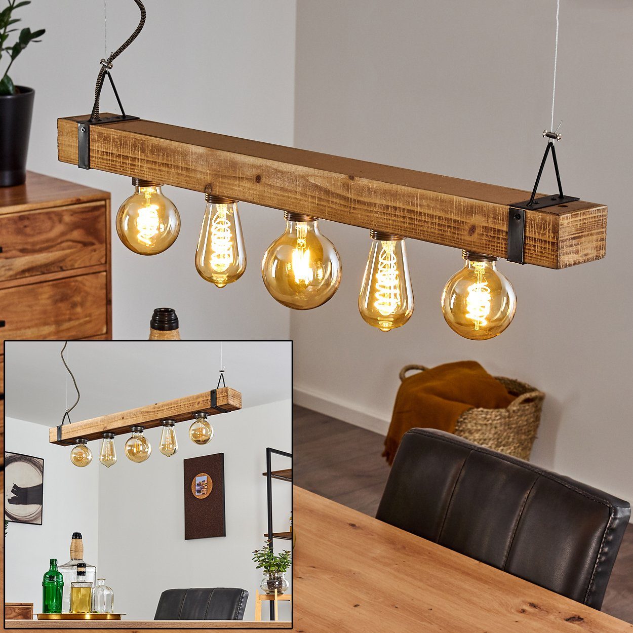 Design Pendellampe Ess Wohn Schlaf Zimmer Küchen Lampe Vintage Holz Hängeleuchte 