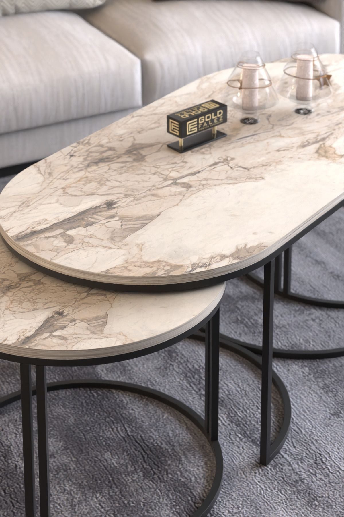 en.casa Couchtisch (3-St., Couchtisch + 2 Beistelltische), 3-teiliges Set, oval, modern 89322070