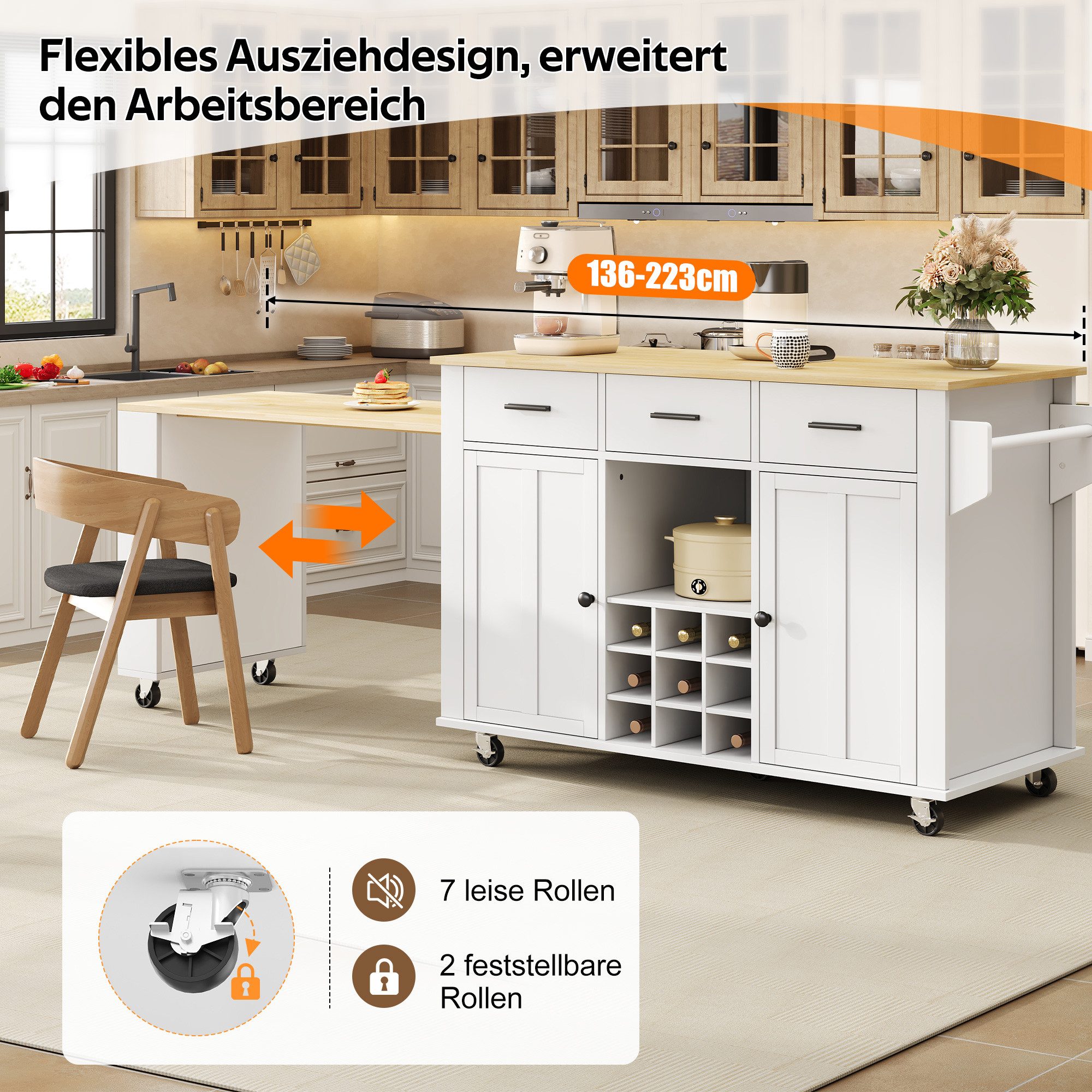 Celya Kücheninsel Küchenwagen mit ausziehbarer Arbeitsplatte und Stauraum, mit 3 Schubladen, Weinregal, Steckdose, USB und 7 Rollen