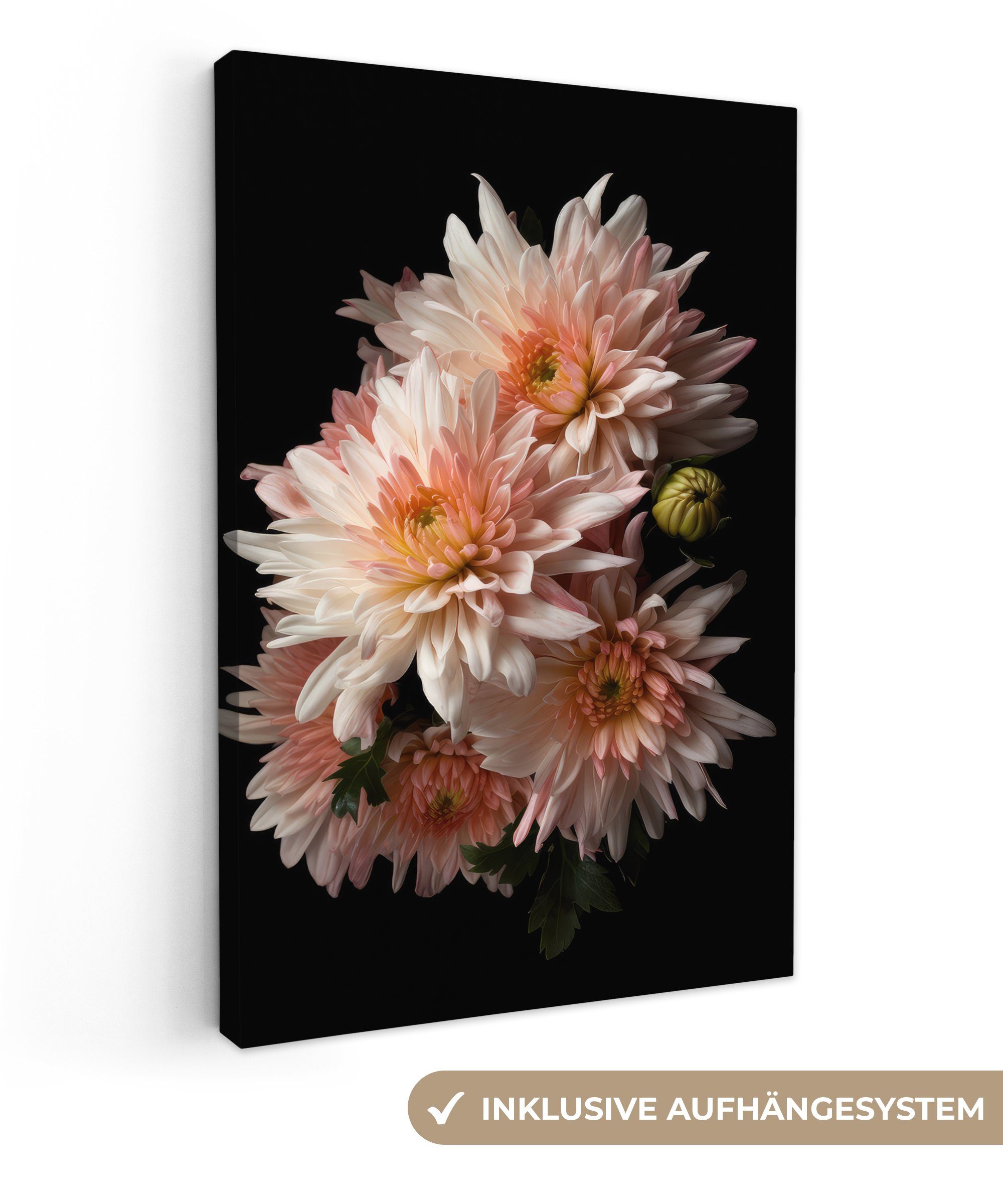 bespannt Chrysantheme Blumen (1 inkl. St), - - cm Schwarz, Leinwandbild fertig - Weiß Zackenaufhänger, 20x30 OneMillionCanvasses® Gemälde, - Natur Leinwandbild