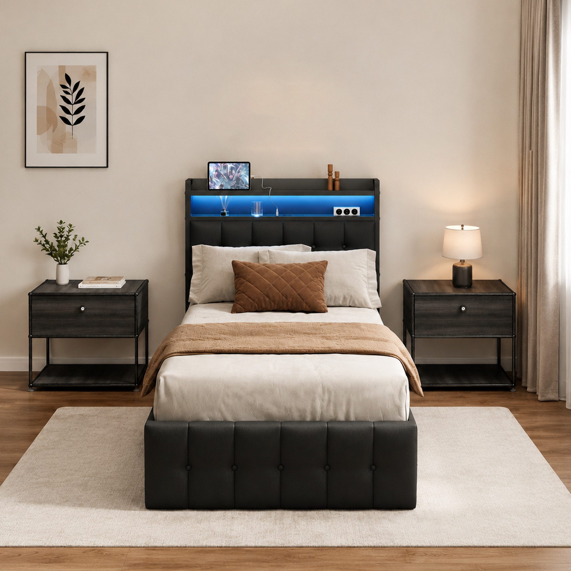 Simurq Stauraumbett Polsterbett 90x200 mit Stauraum, Einzelbett mit Gasdruckfeder (RGB LED, USB & Type-C Anschluss, Stauraum-Kopfteil), Stauraumbett, Bett mit B – Bild 2 von 5