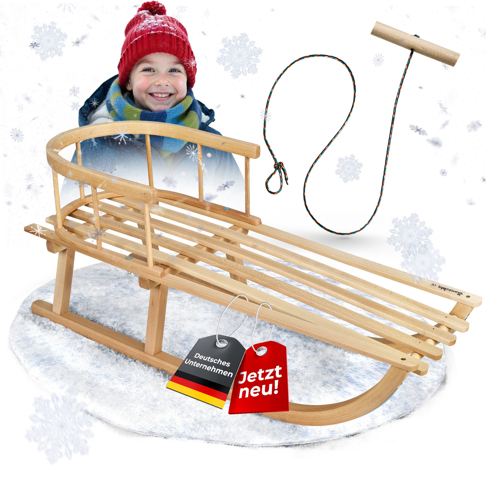 BambiniWelt by Rafael K. Schlitten CE-Holzschlitten mit Rückenlehne + Zugseil Rodel Kinder Schlitten 90cm